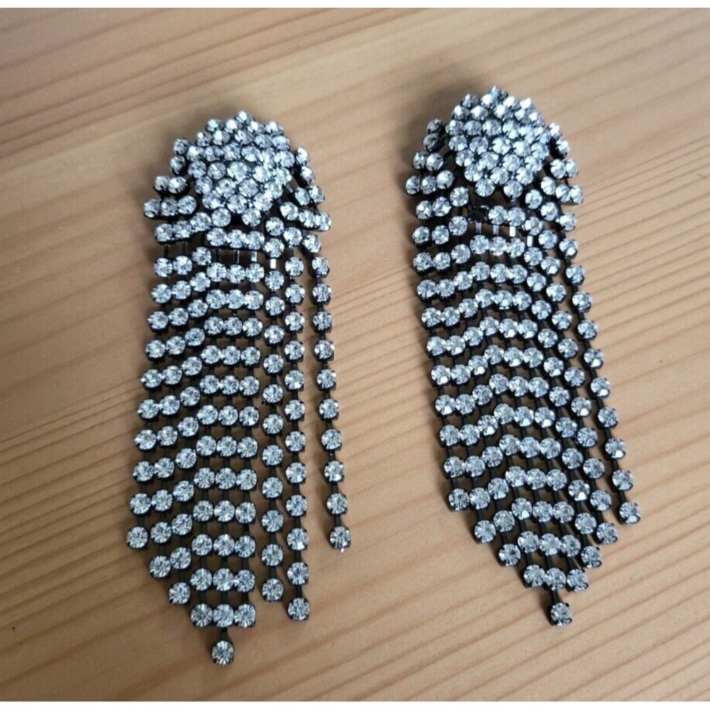 KJL Kenneth Jay Lane Runway Statement Waterfall Rhinestone Clip On Earrings Rare